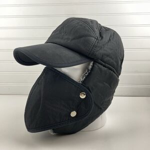 Supplex Bomber Trapper Ear Flap Hat Black Detachable Face Cover Mask Faux Fur